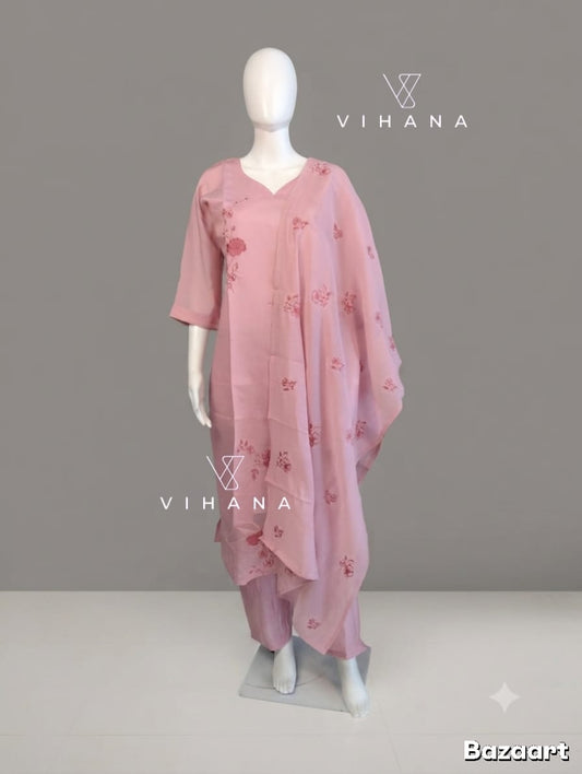 Mul Chanderi Kurti Suit Set Pink Color-AKSHVHI-156