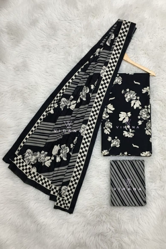 Inky Black Cotton Persian Print  Suit Material