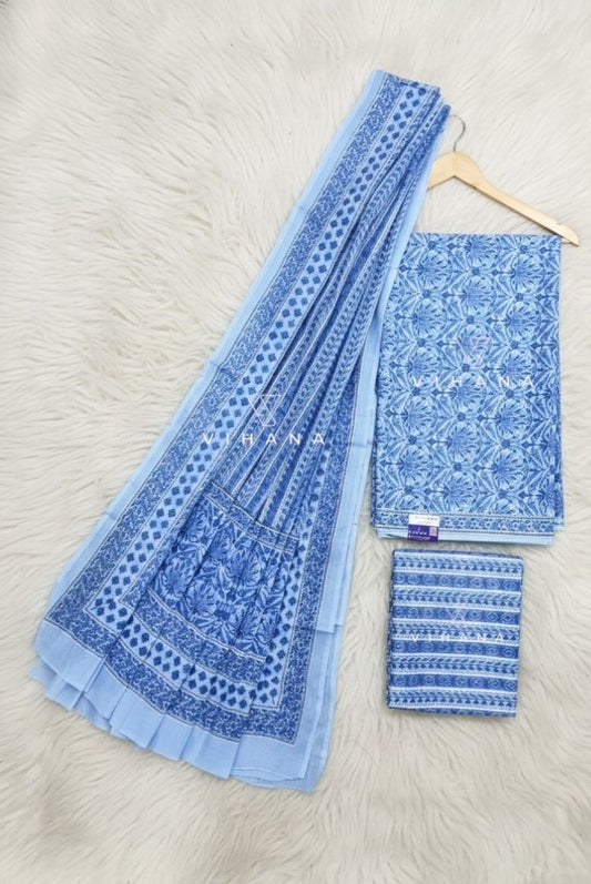 Soft Rich Blue Persian Floral Print Salwar Suit Material