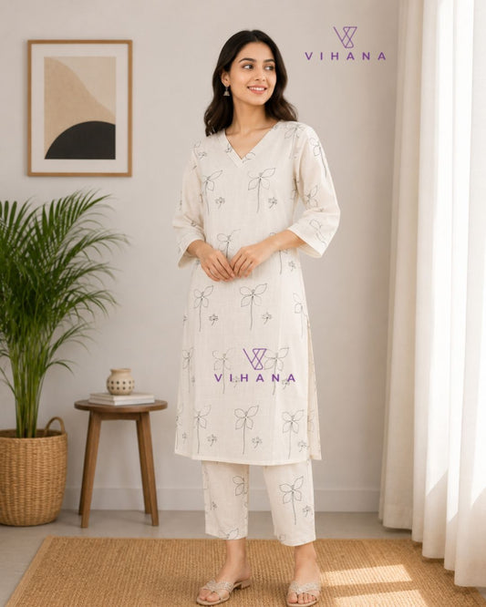 Floral Print Cotton Co-ord Set White-AKSHVHI-39