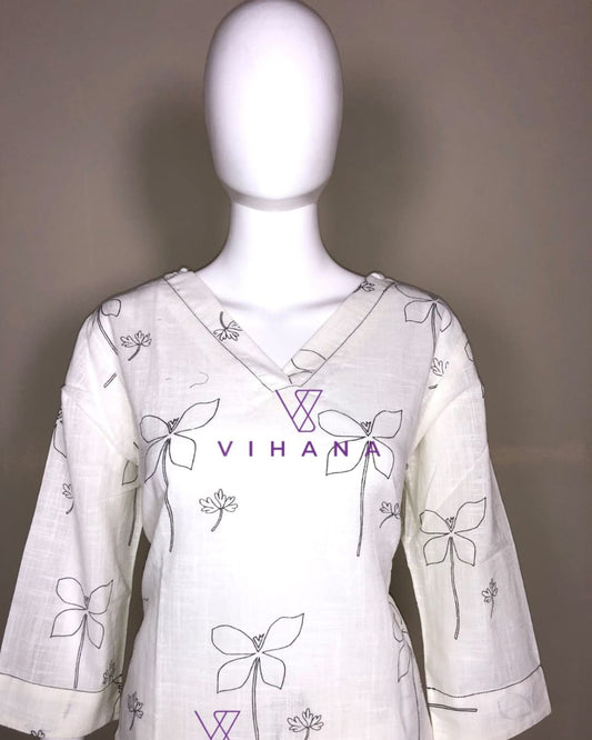 Floral Print Cotton Co-ord Set White-AKSHVHI-39