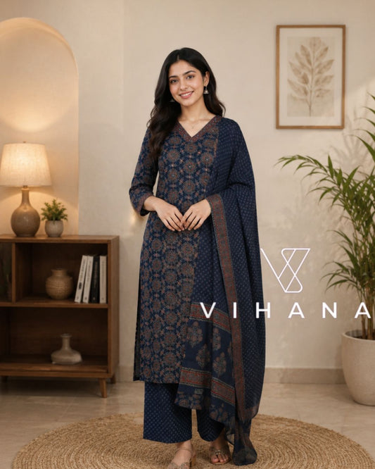 Dark Blue Cotton Kurti Set