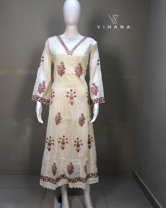 Mul Mul Cotton Kurti A Line With Lining white