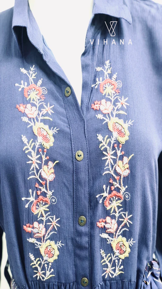 Blue Embroidered Rayon Frock