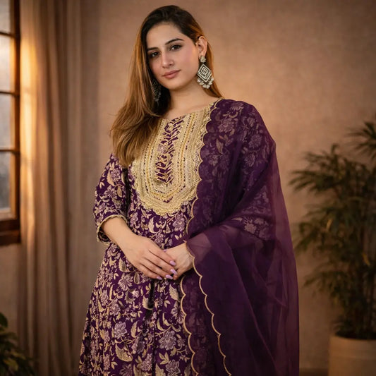 Floral Cotton Round Neck Women's Kurta Palazzo Dupatta Set