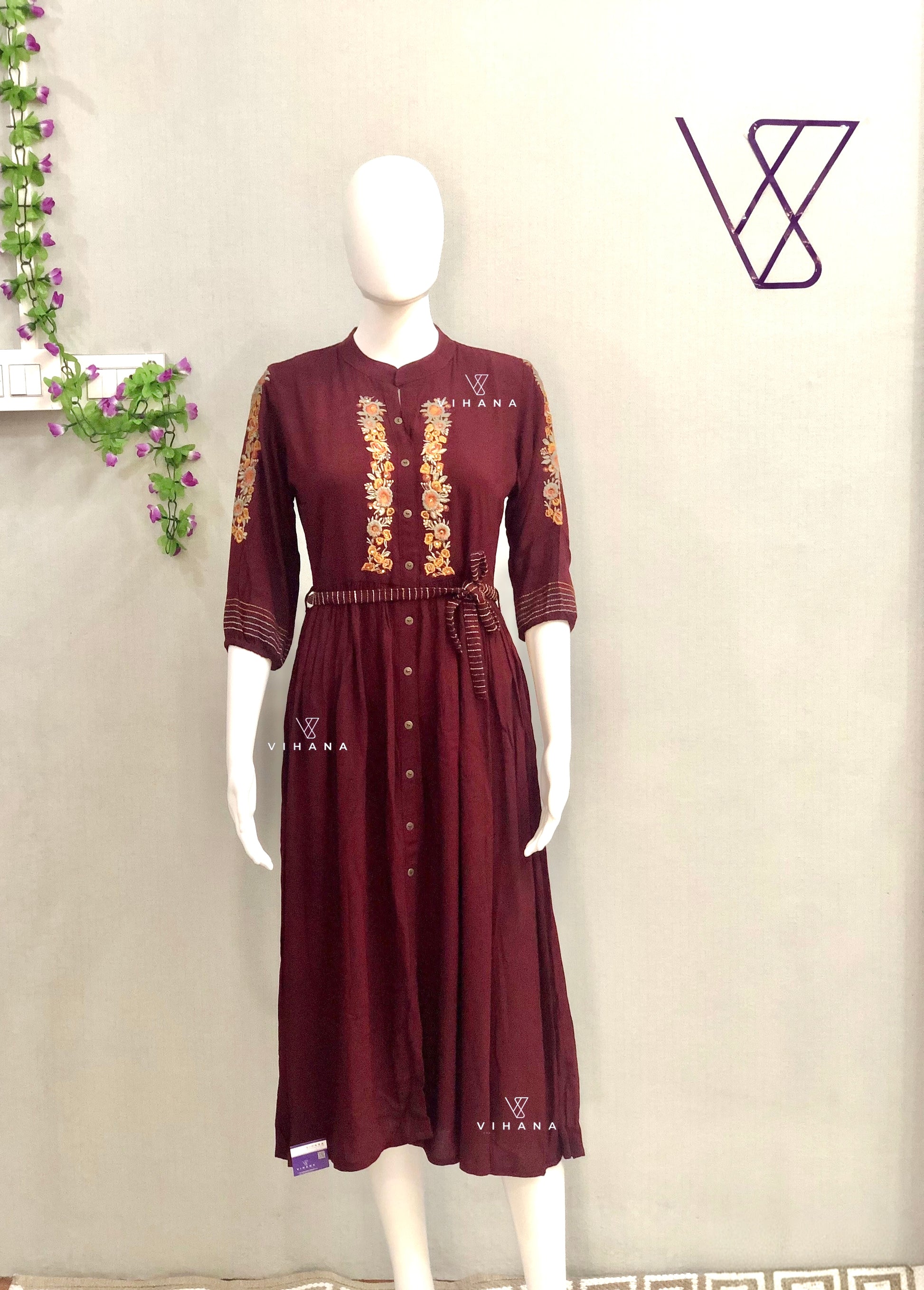 Deep Maroon Embroidered Rayon Frock
