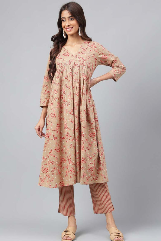 Floral Print Flared Kurta & Pants Set (Color - Brown)