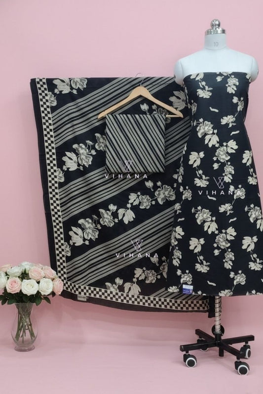 Inky Black Cotton Persian Print  Suit Material