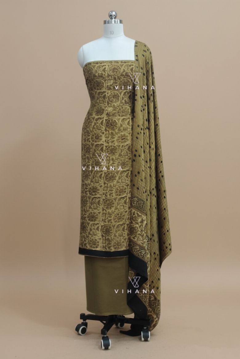 Luxurious Modal Muslin Silk Moss Green Ajrak Print Unstitched Suit Material