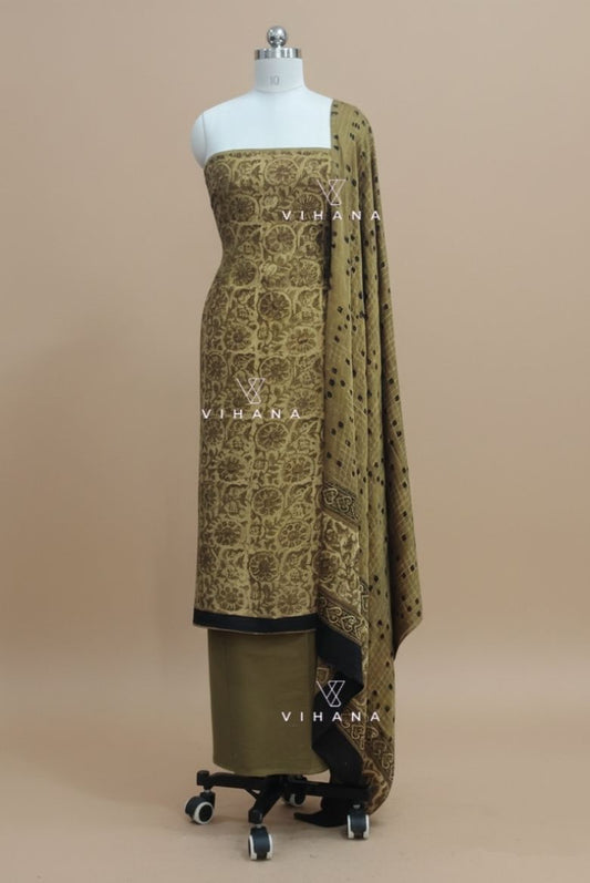 Luxurious Modal Muslin Silk Moss Green Ajrak Print Unstitched Suit Material