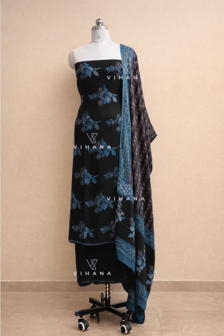 Luxurious Pure Modal Silk Handblock Ajrak Printed Salwar Suit Material ; Colour : Black