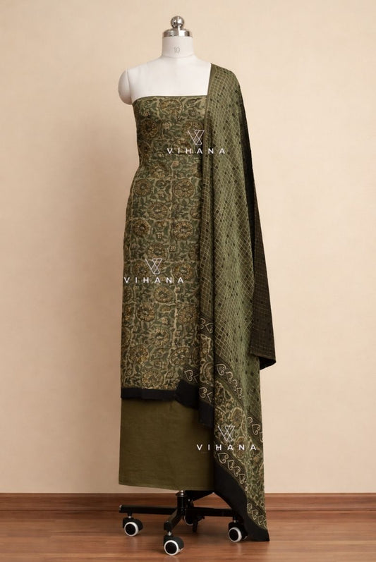 Luxurious Vanaspati Modal Muslin Olive Green Ajrak Print Unstitched Suit Material