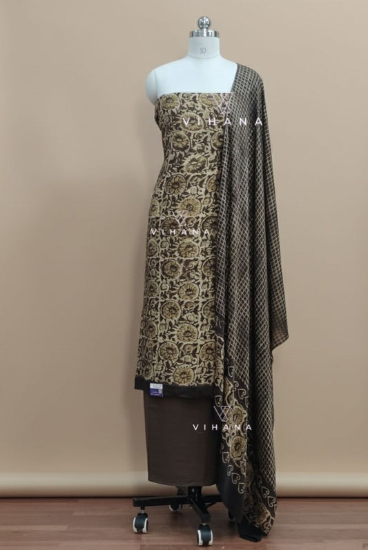 Luxurious Vanaspati Modal Muslin Silk Cream Ajrak Print Unstitched Suit Material