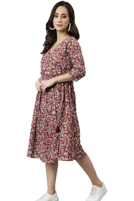Maroon Cotton Floral Print Frock