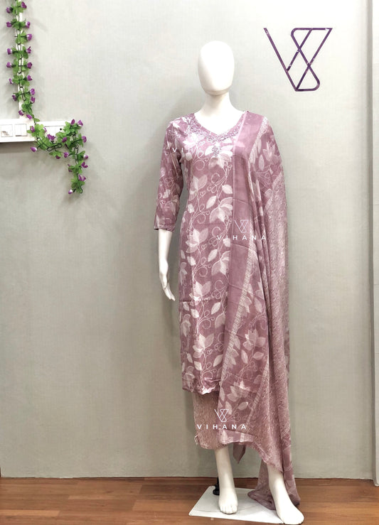 Mauve Floral Print Salwar Suit