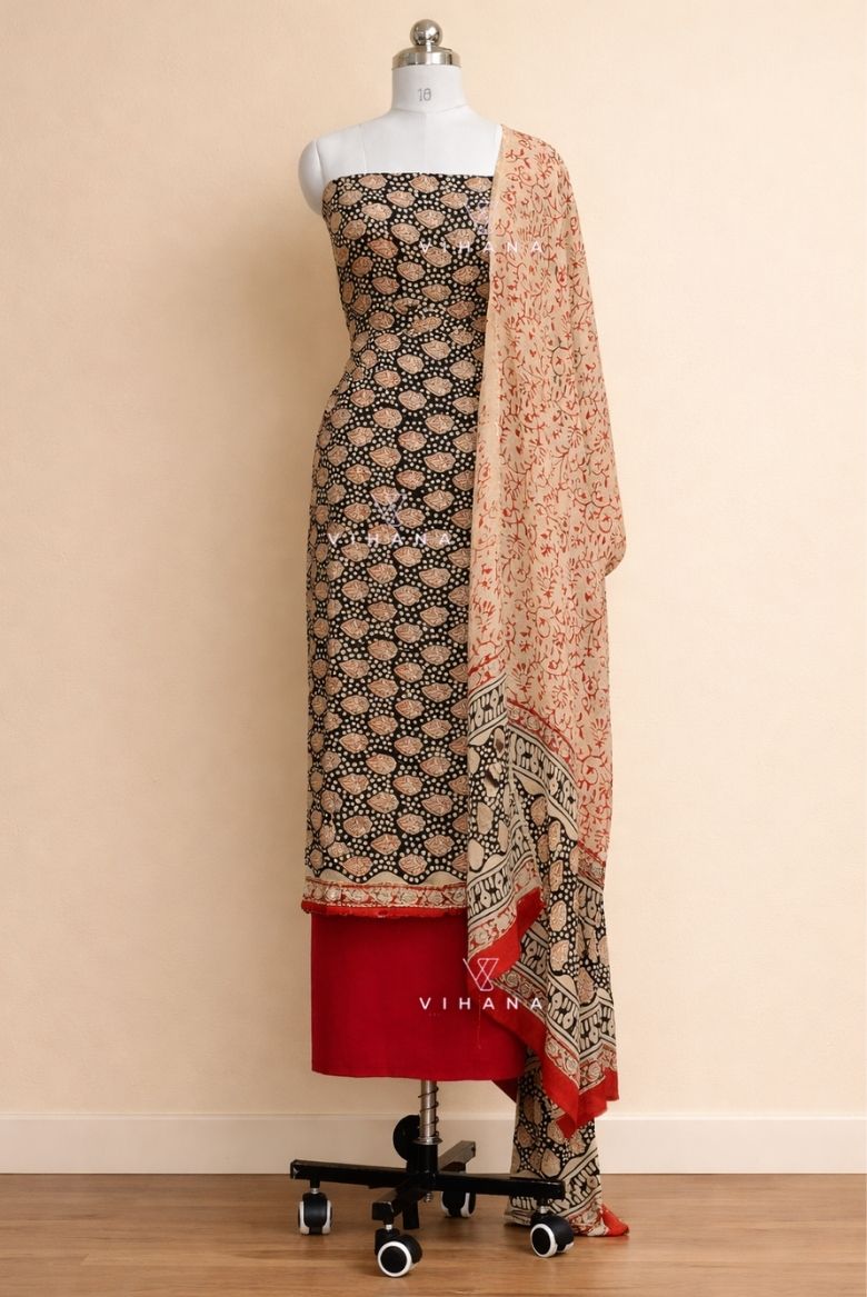 Modal Muslin Silk Bagru Print Salwar Suit Material – Black Floral Elegance