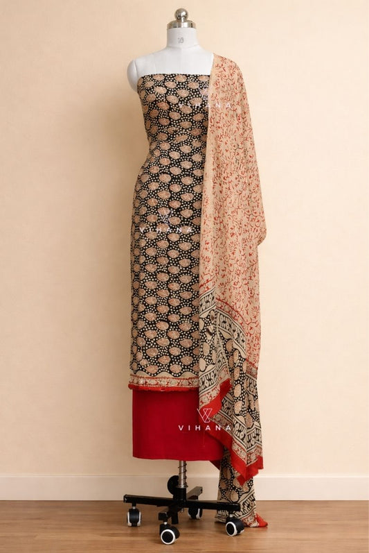 Modal Muslin Silk Bagru Print Salwar Suit Material – Black Floral Elegance