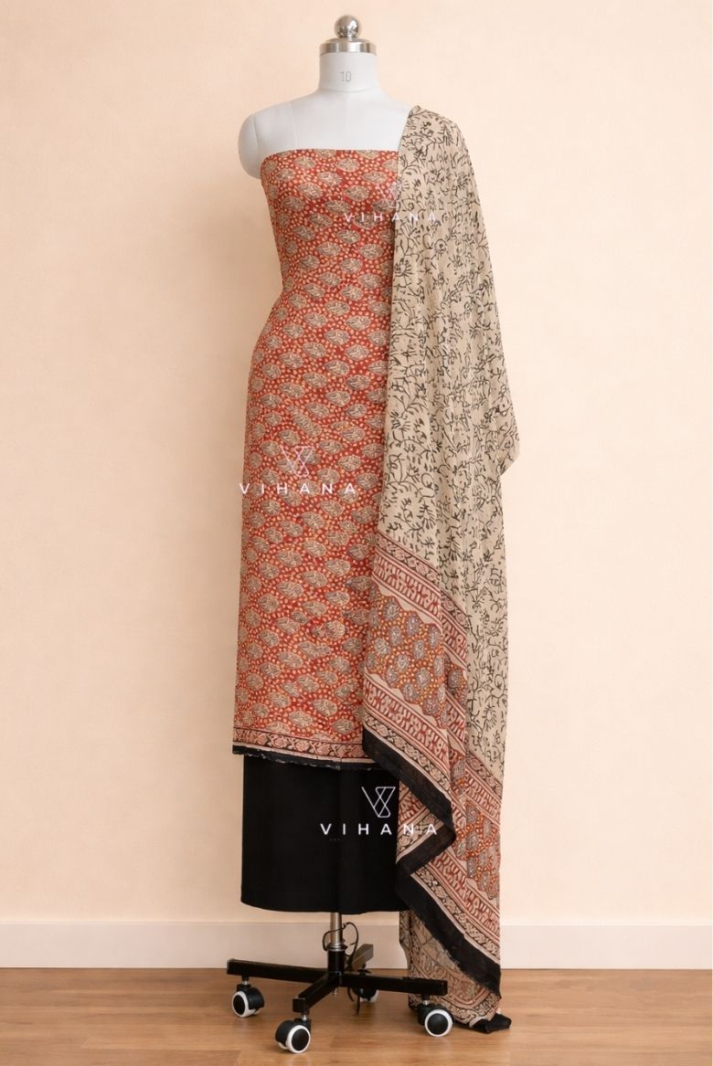 Modal Muslin Silk Bagru Print Salwar Suit Material – Rust Orange Floral Elegance