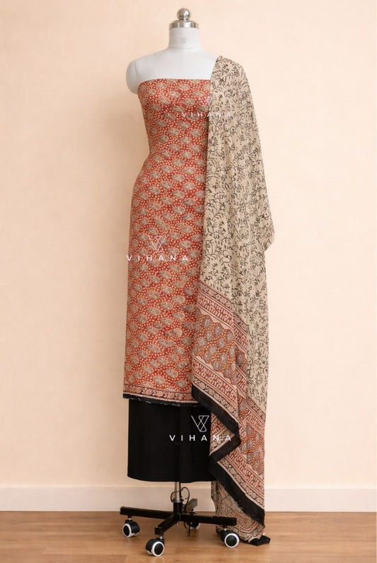 Modal Muslin Silk Bagru Print Salwar Suit Material – Rust Orange Floral Elegance