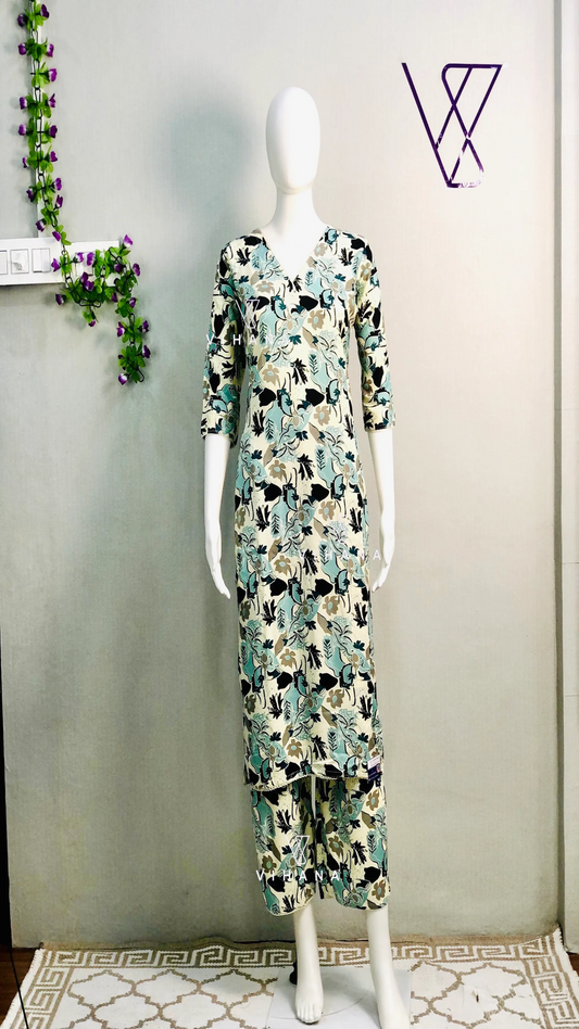 Multi color Cotton Blend Floral print Kurti Pant Co-Ord Set
