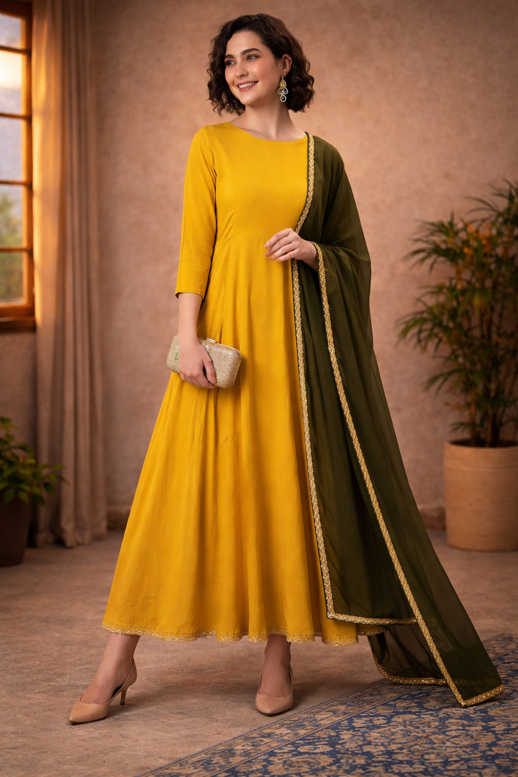 Mustard Rayon Solid Kurta with Dupatta