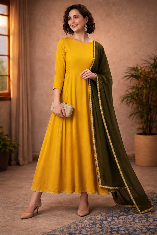 Mustard Rayon Solid Kurta with Dupatta