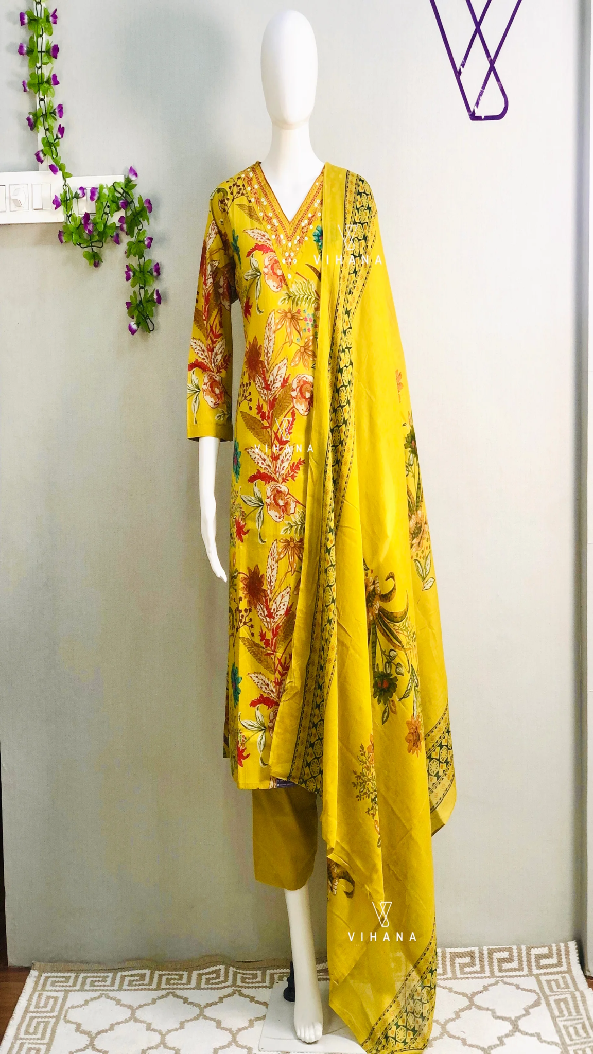 Mustard Yellow Floral Printed Cotton Salwar Suit