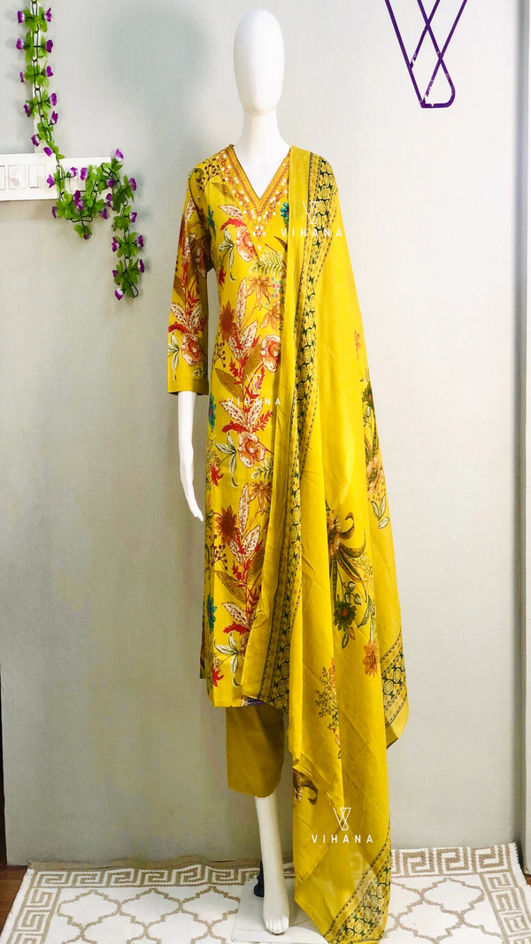 Mustard Yellow Floral Printed Cotton Salwar Suit