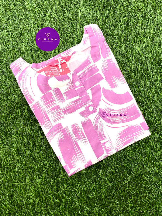 Off White And Pink Printed Rayon Kurti