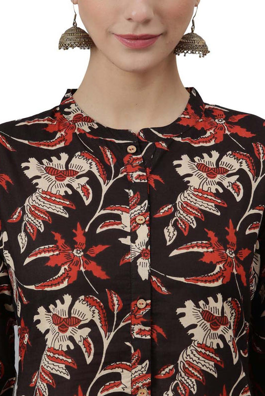 Black cotton botanical print Kurta with Pant and Dupatta