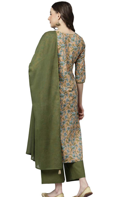 Peach Cotton Floral Print Kurta with Palazzo and Dupatta