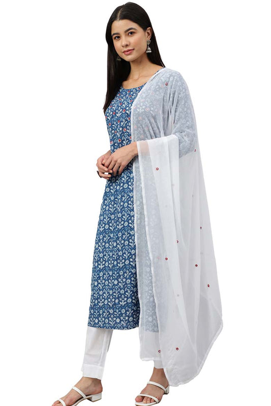 Blue Cotton Embroidered with mirror work Kurta with Pant and Dupatta