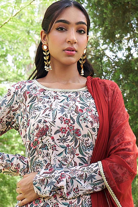 Biege Colour Georgette flower print Kurta with Pant and Dupatta