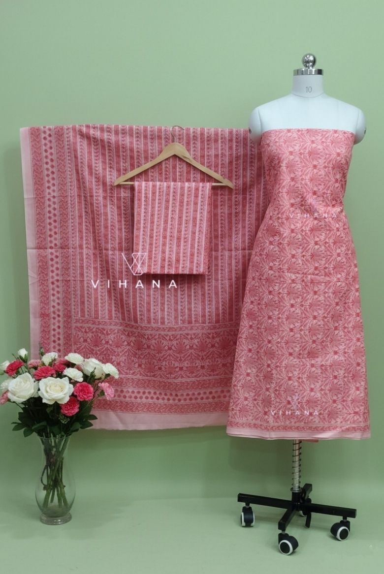 Soft Pink Persian Floral Print Salwar Suit Material