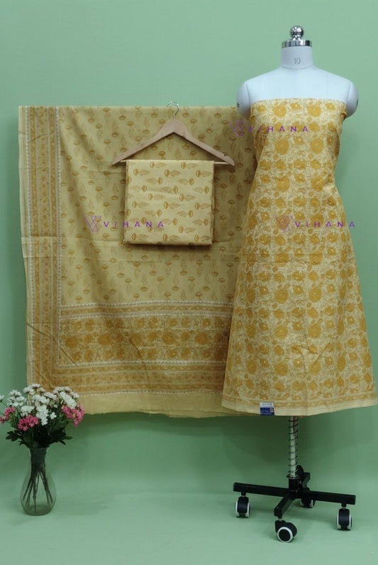 Soft Yellow Persian Floral Print Salwar Suit Material