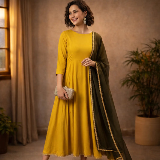 Mustard Rayon Solid Kurta with Dupatta