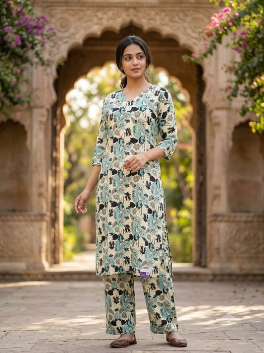 Multi color Cotton Blend Floral print Kurti Pant Co-Ord Set-AKSHVHI-69