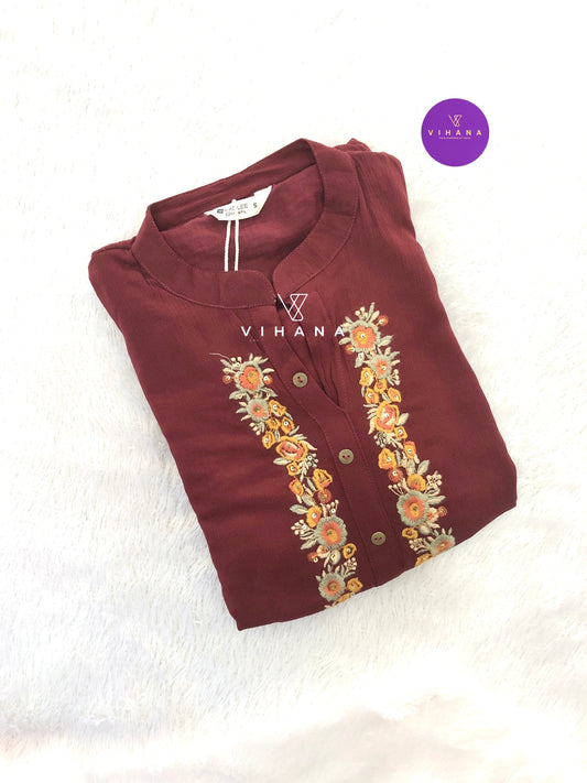 Deep Maroon Embroidered Rayon Frock