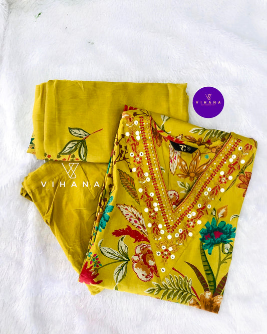 Mustard Yellow Floral Printed Cotton Salwar Suit