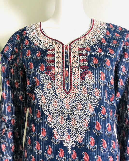 Beautiful Navy Blue Cotton Kurti with Subtle Print And Elegant Embroidery