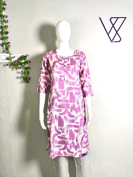 Off White And Pink Printed Rayon Kurti