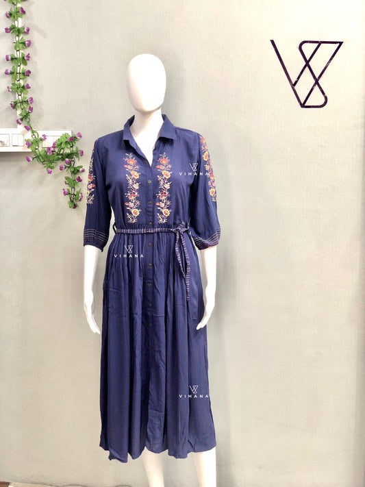 Blue Embroidered Rayon Frock
