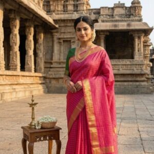 Pink Kota Mini Check Mangalagiri Silk Saree