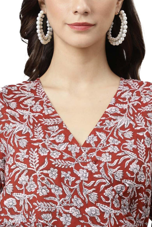Maroon Cotton Floral Print Frock